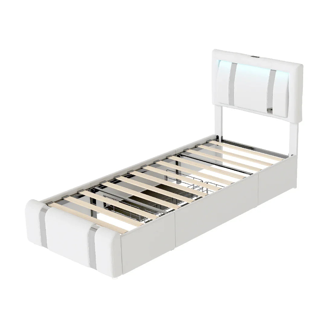 Levede Single Bed Frame Leather Headboard RGB 2 Drawers-2050056740216639488