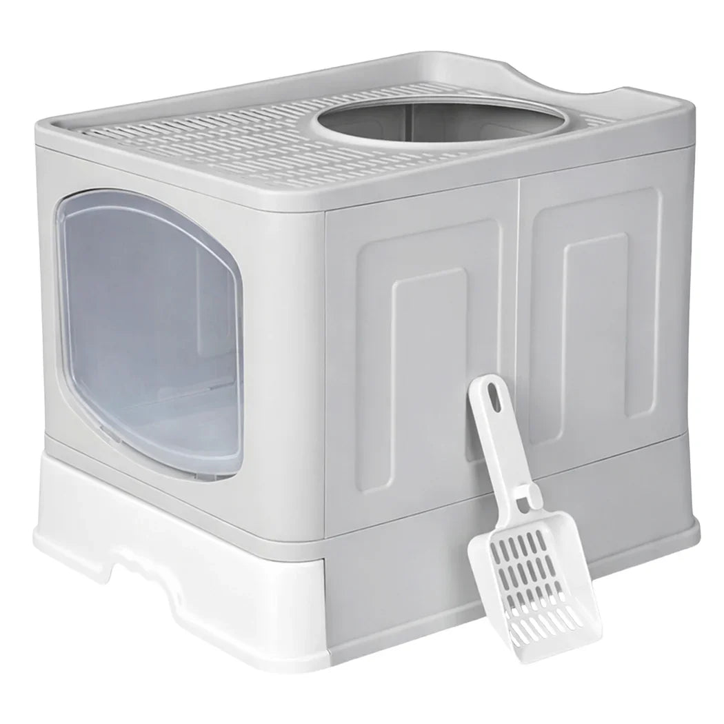 Pawz Large Cat Litter Box Foldable Top Entry Covered Litter Tray Scoop Grey-2050056785414459392
