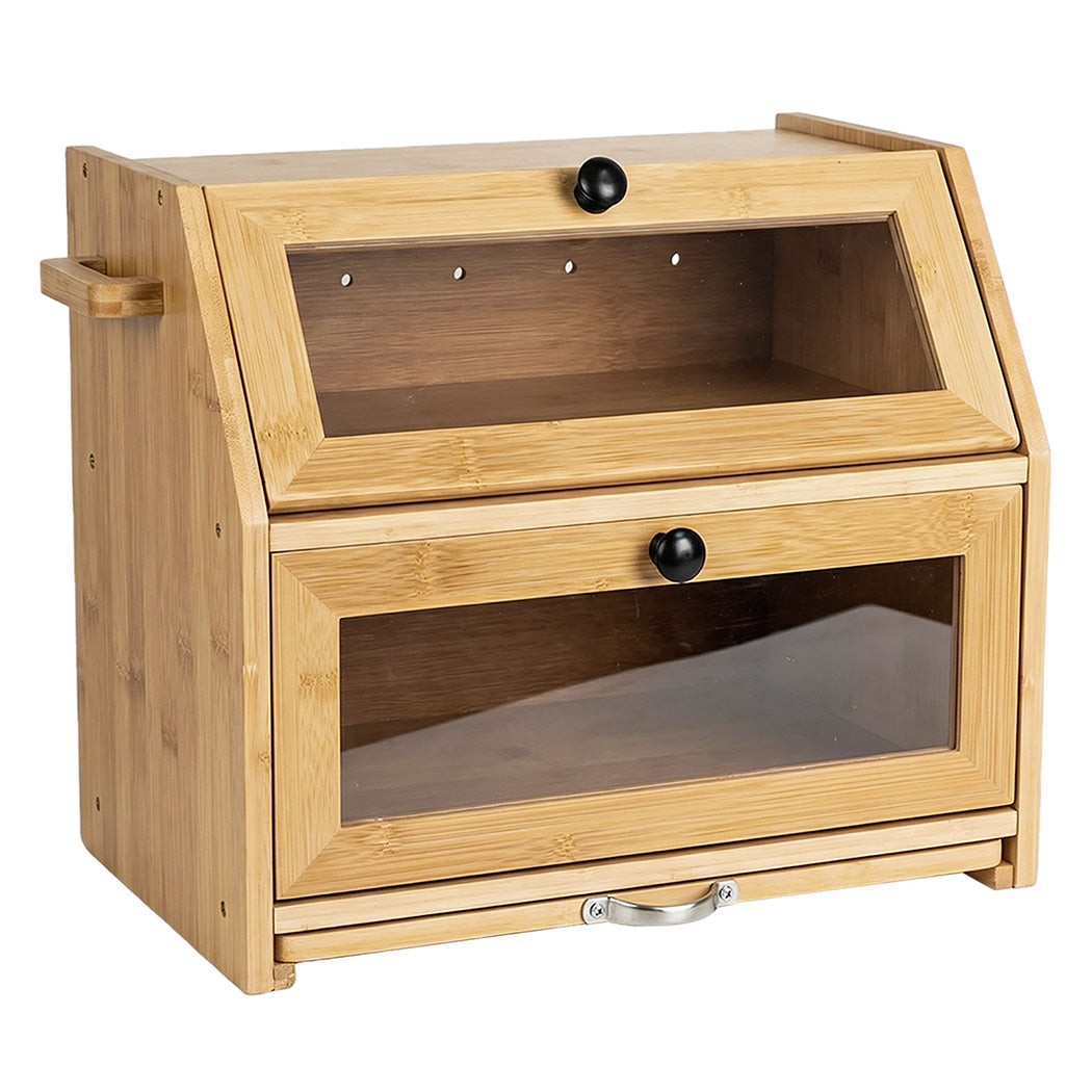 Toque Bread Box Bread Bin Double Layer Bamboo Bread Storage with Window Natural-2072893581403754496