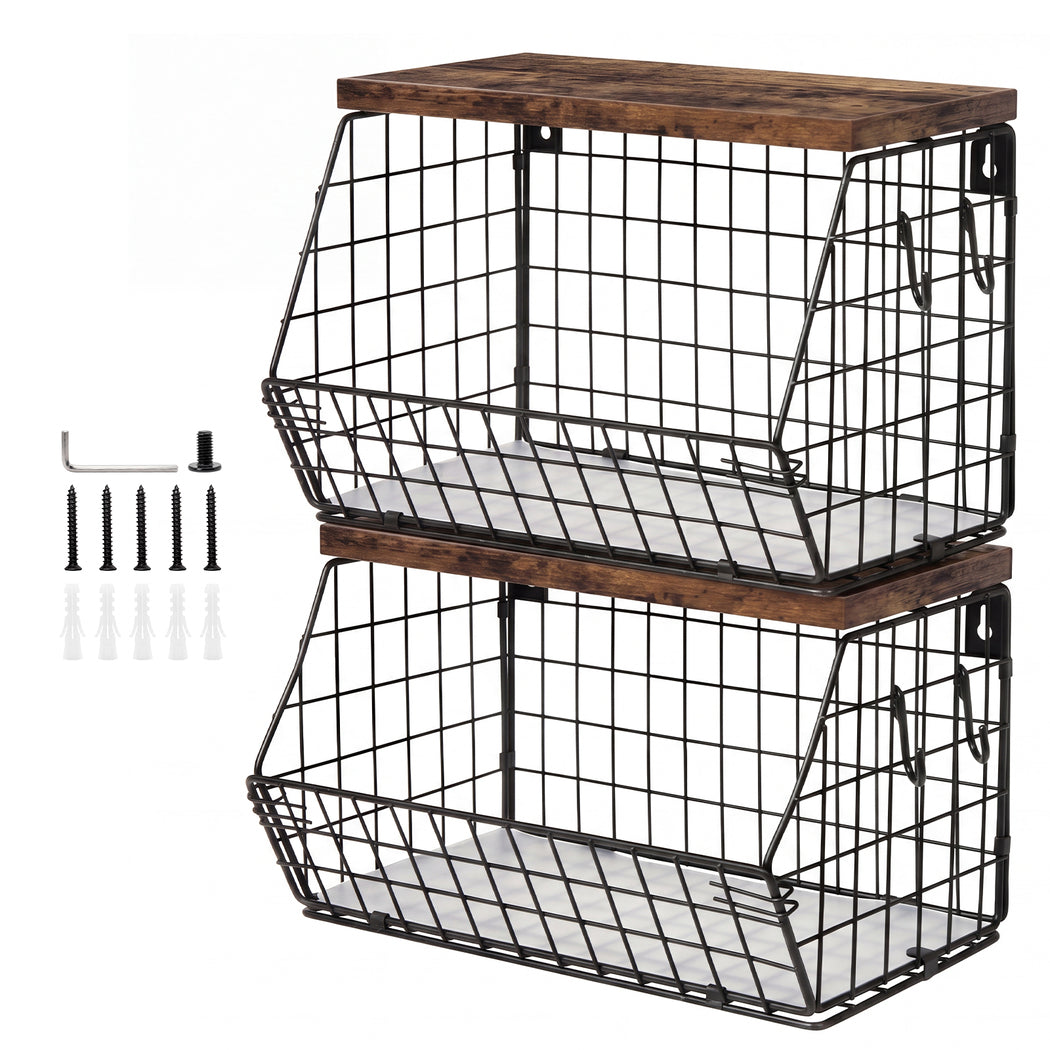 Toque Fruit Snack Storage Basket 2PCS Stackable Wall Mounted Kitchen Wood Lid-2072893579830890496