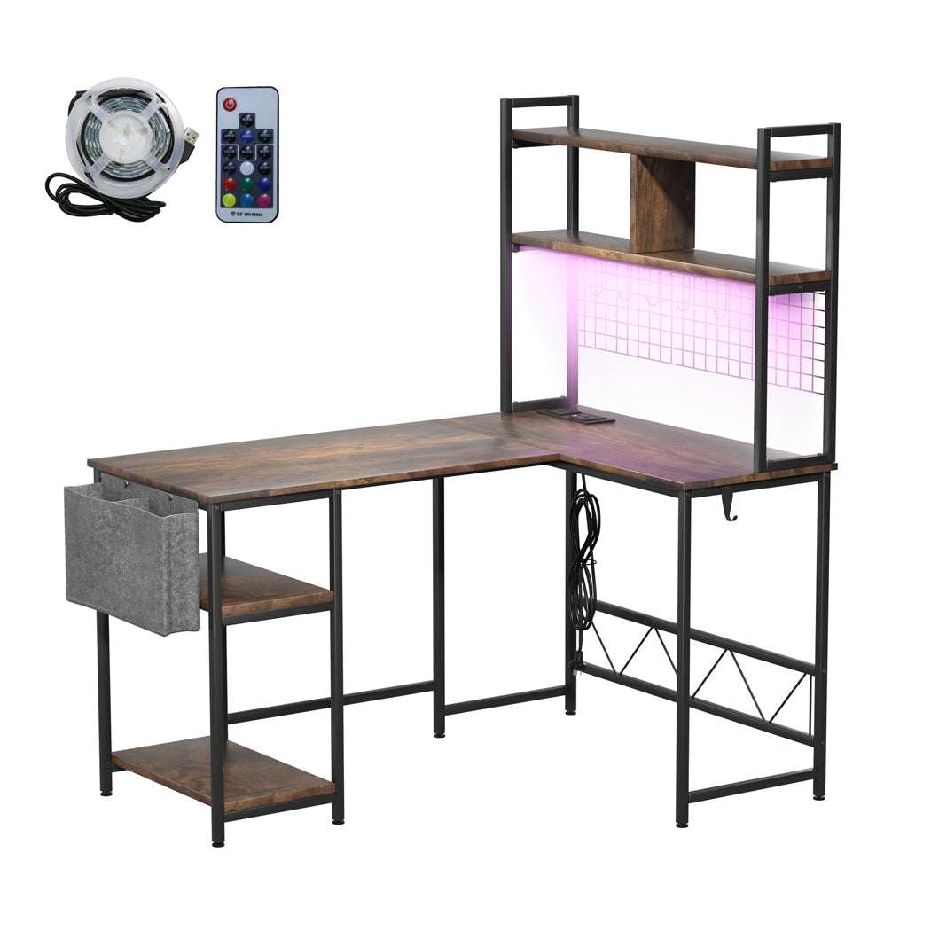 Levede L Shaped Gaming Desk with LED Lights Brown-1894516732870135808
