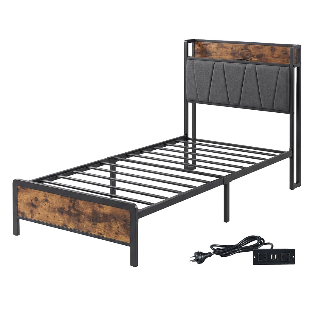 Levede Single Bed Frame Industrial Tufted Soft Storage Headboard USB Charge-2100034936651255808
