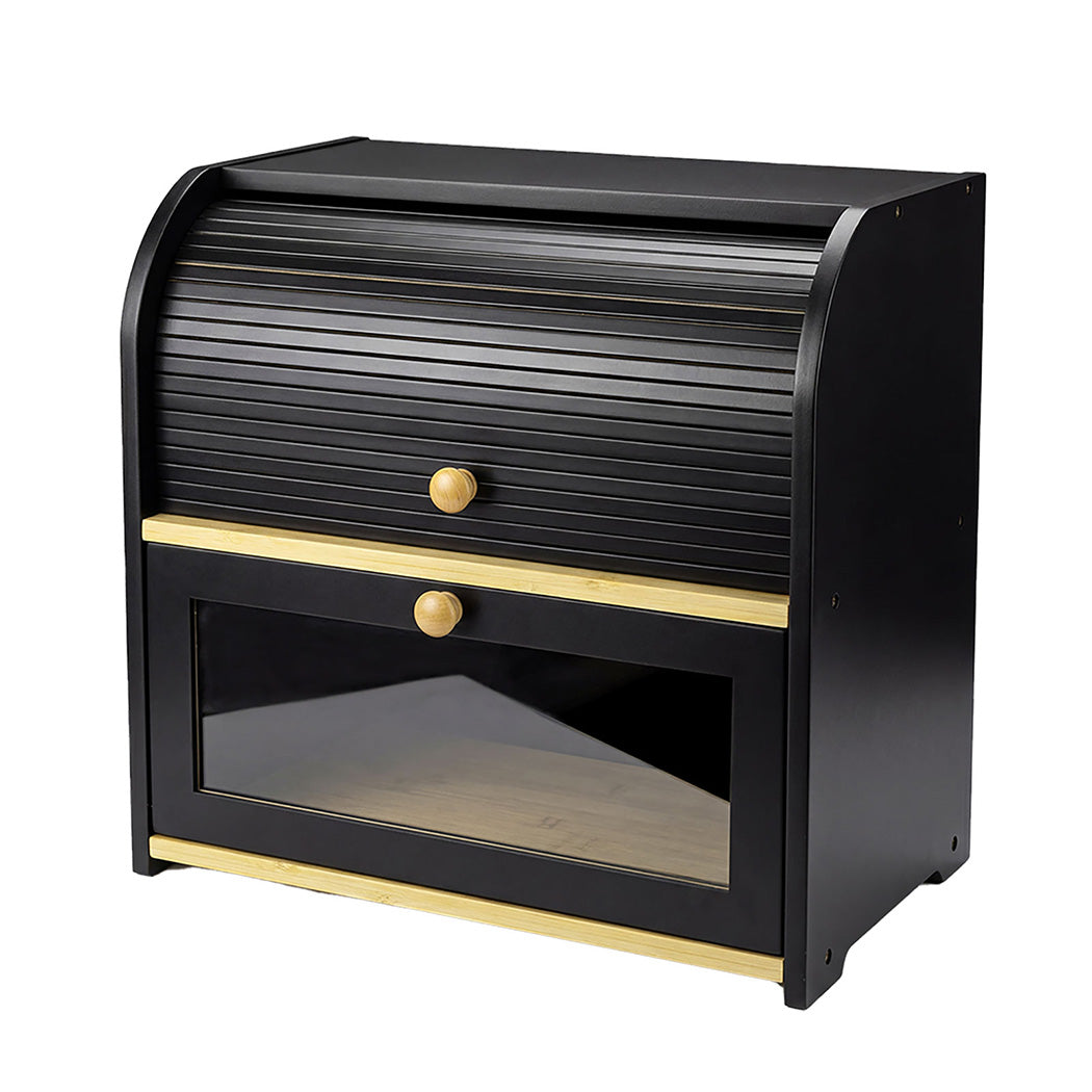 Toque Bread Bin Box 2 Tier Roll Top Bread Bin Kitchen Counter Storage Bamboo-2072893581600886784