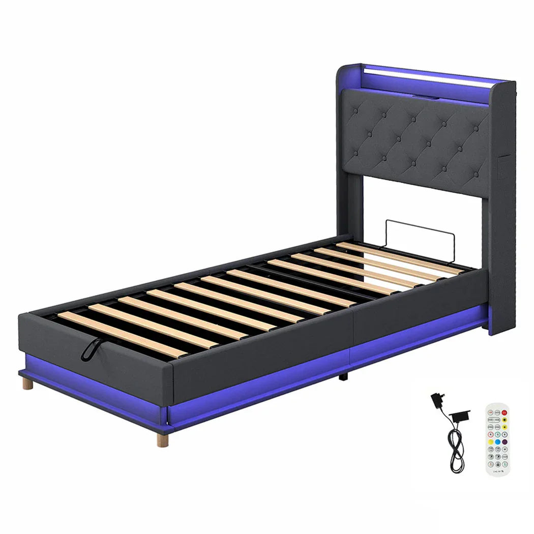 Levede Single Bed Frame Gas Lift Storage LED Light USB-2006733381777362944