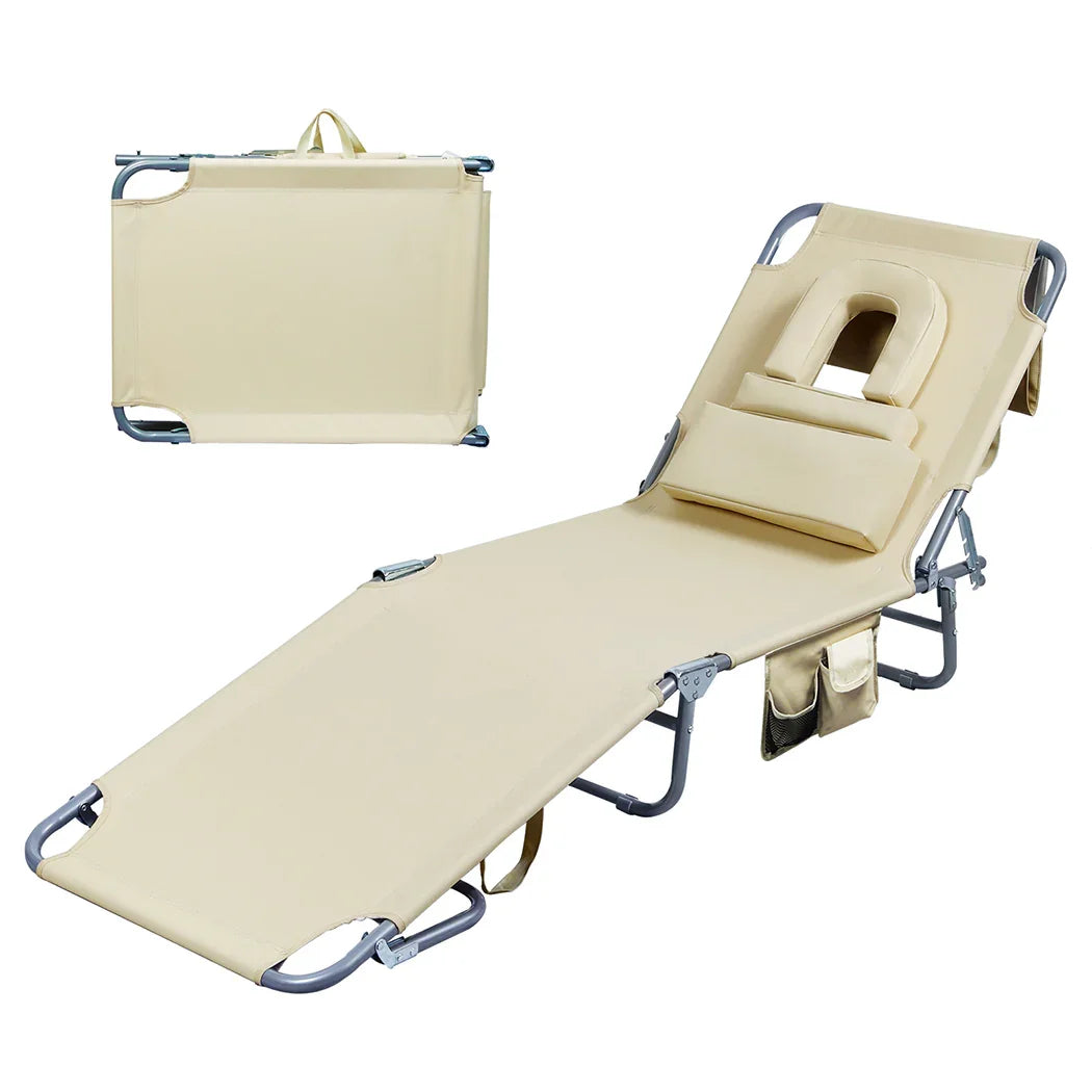 Levede Foldable Beach Lounge Chairs with Face Hole Khaki-2018816828662484992