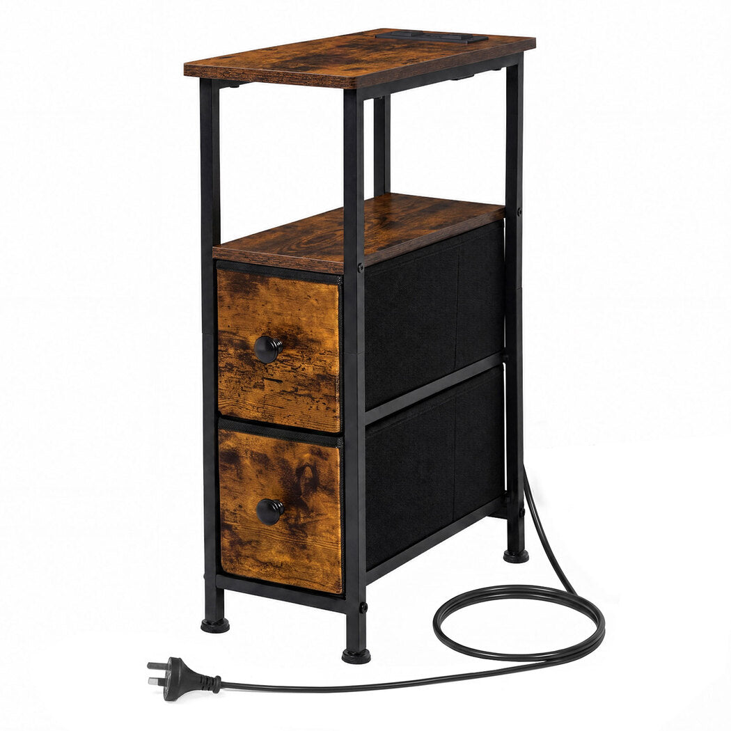 Levede Bedside Table Narrow Side Table with LED Charging Station Brown-2100034980666281984
