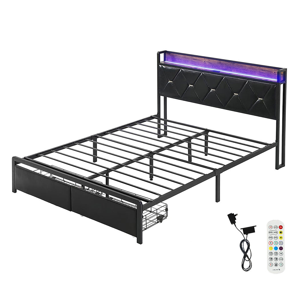 Levede Queen Metal Bed Frame LED Lights 2 Drawers