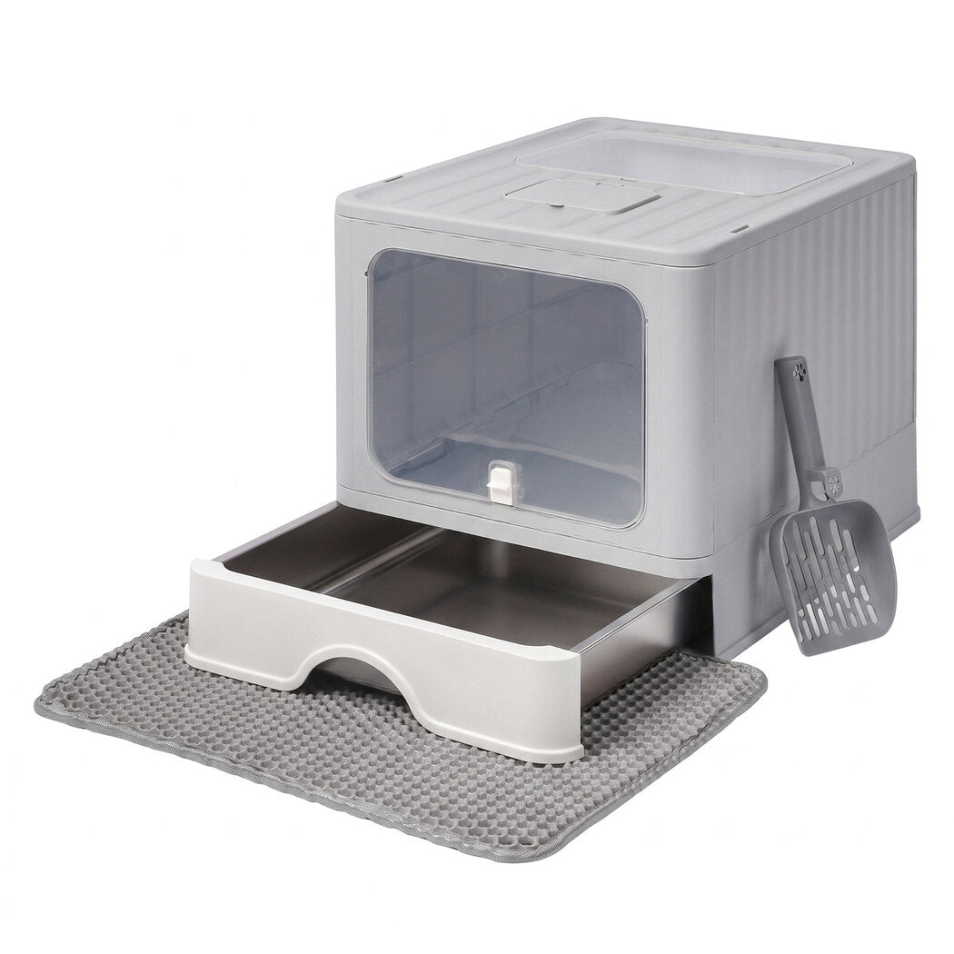 PaWz Cat Litter Box Stainless Steel Enclosed Drawer Odor Control Foldable Grey-2100034991202373632
