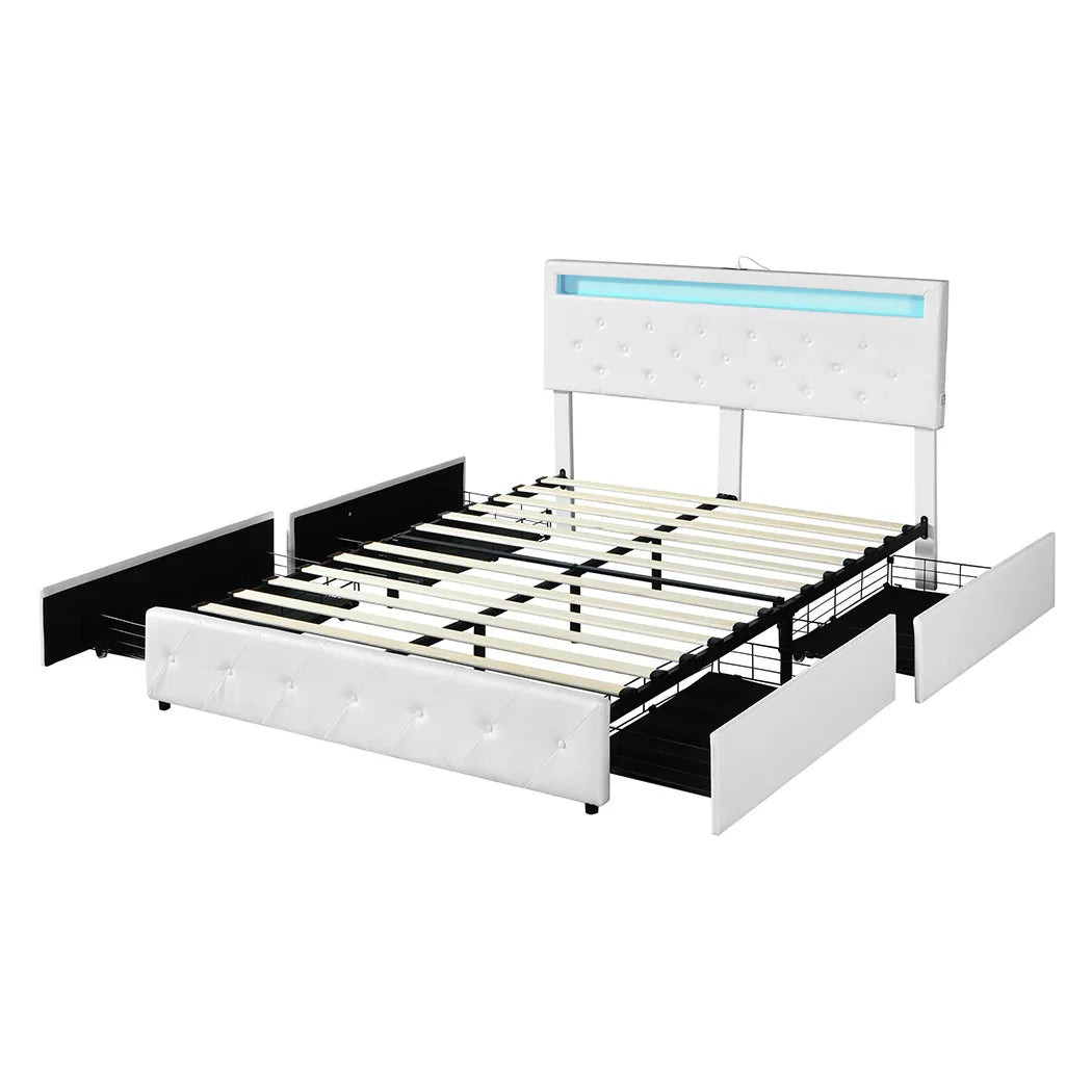 Levede Double Bed Frame RGB LED PU 4 Drawer USB-2006732834257113088