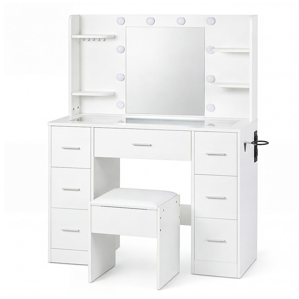 Levede Dressing Table Makeup Vanity with Lights Glass Desktop 7 Drawers White-2109799601329082369