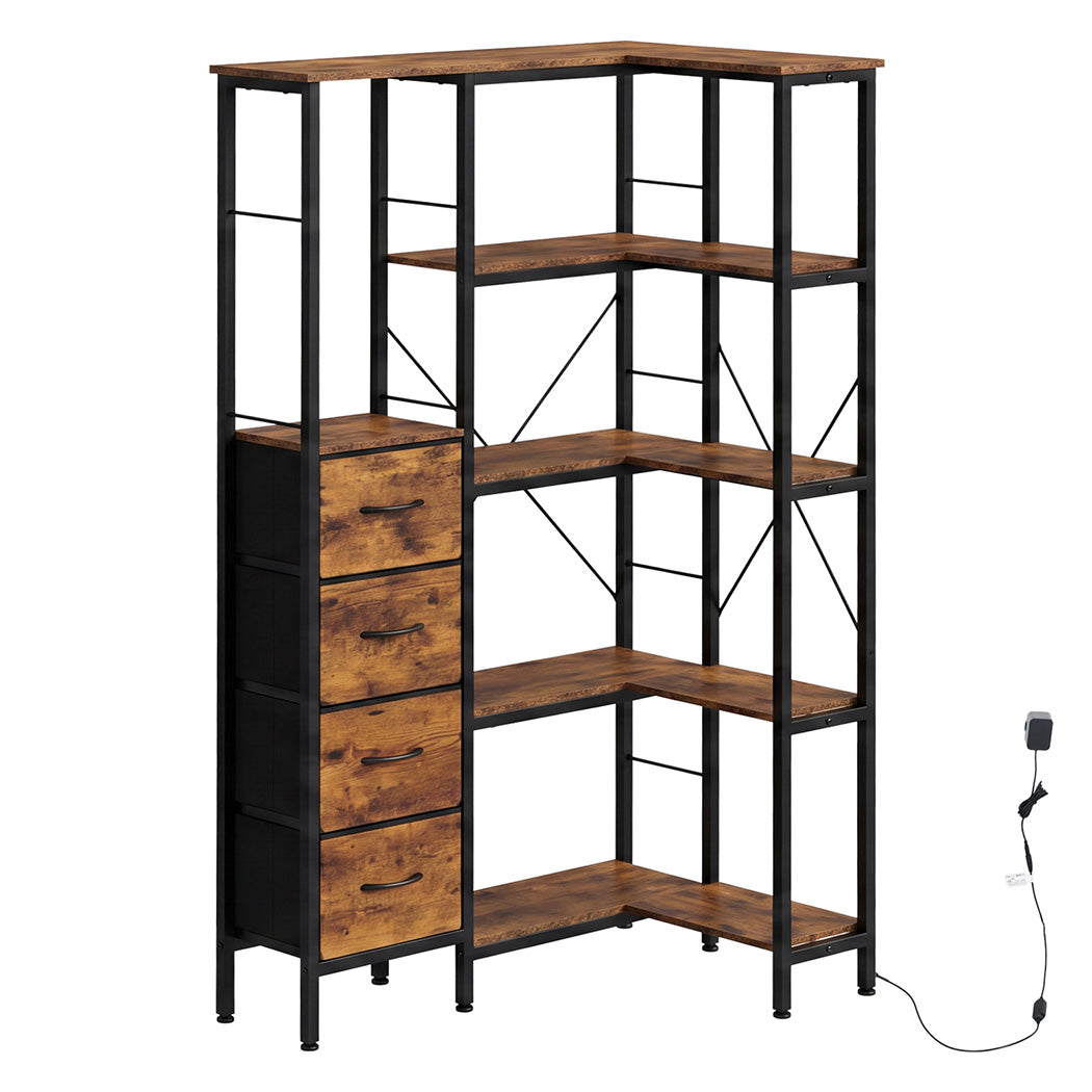 Levede Corner Bookshelf with 4 Fabric Drawers & LED Light 5 Tier Bedroom Rustic-2109799588741976065