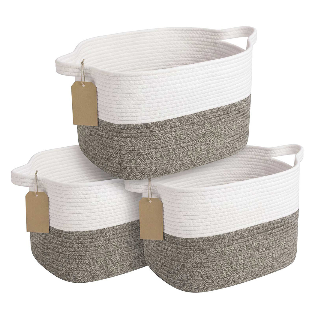 Levede Storage Baskets Laundry Bins 3Pcs Foldable with Handles Cotton Rope Brown-2100035024383512576