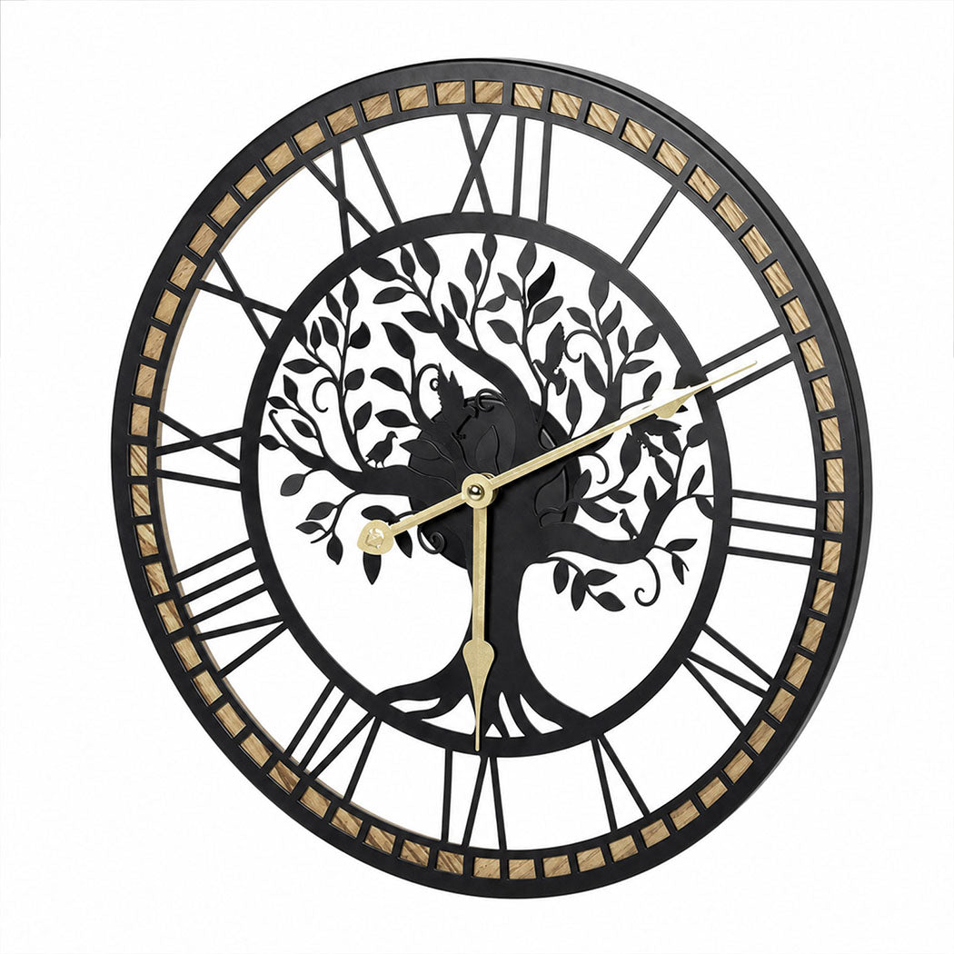 Yezi Wall Clock 40cm Vintage Tree Design Silent Quartz Iron Wood Black-2100034941327904768