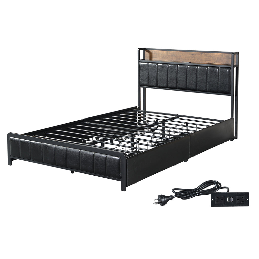 Levede Double Bed Frame PU Mattress Base Storage Drawer Headboard USB Charge-2100034935908864000