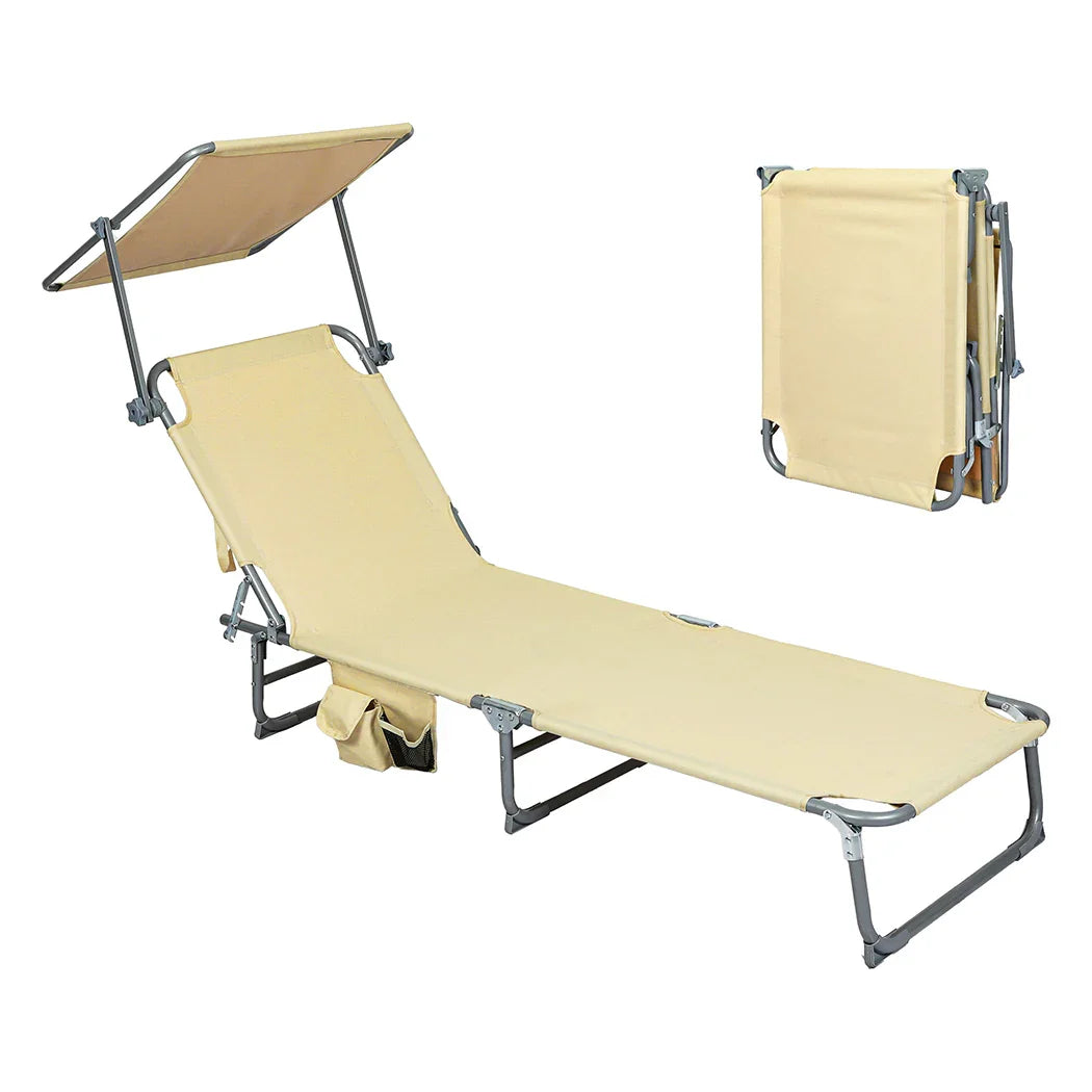 Levede Foldable Lounge Chairs with Canopy Khaki-2006732877097734144