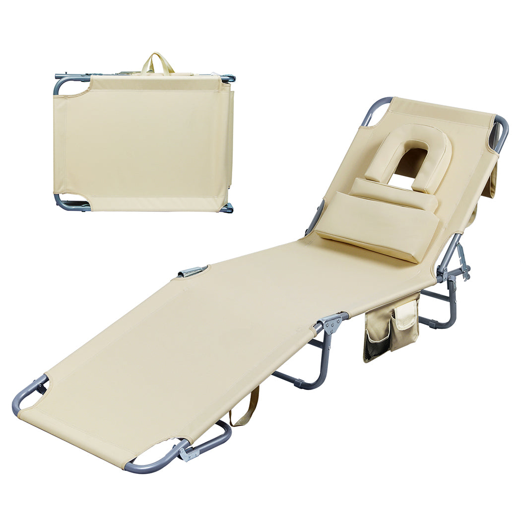 Levede Foldable Beach Lounge Chairs with Face Hole Khaki-1910112249029201920