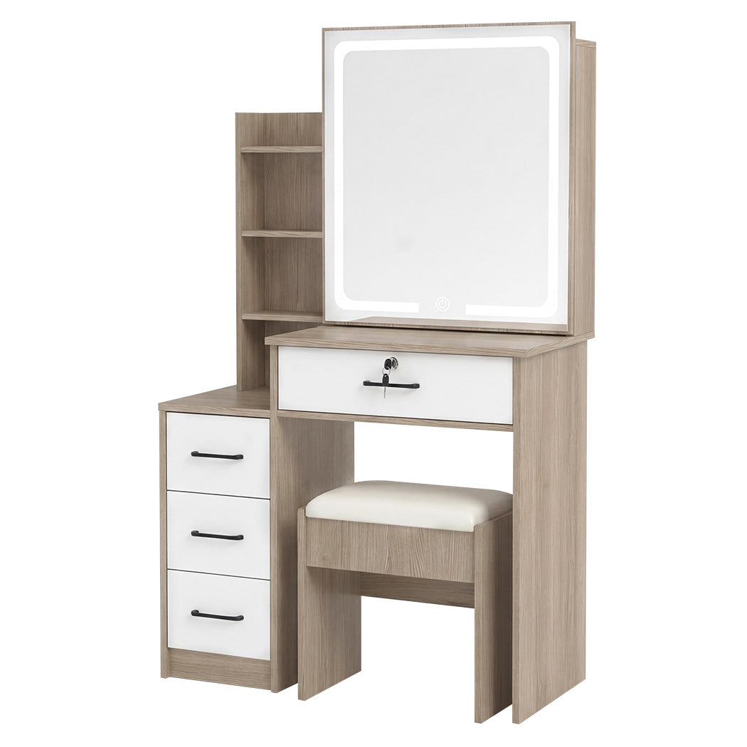 Levede Dressing Table Vanity Stool Set Sliding LED Mirror Makeup Storage Shelves Natural-2072893560272850944