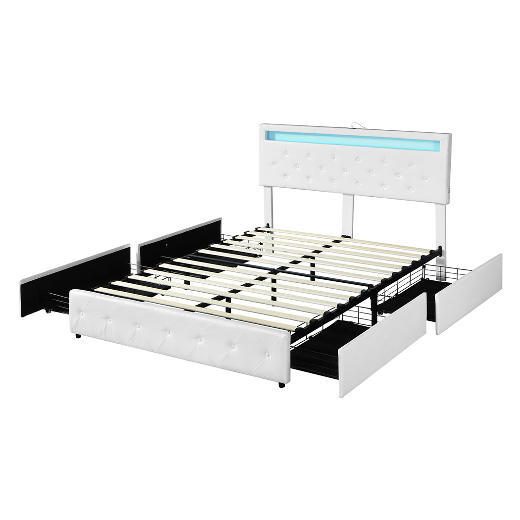 Levede Double Bed Frame RGB LED PU 4 Drawer USB-1894516726821949440