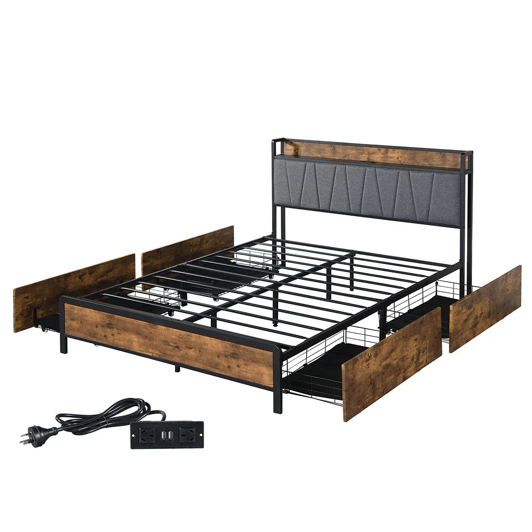 Levede Queen Bed Frame Soft Storage Drawers Headboard USB Charge-2029387280409563136