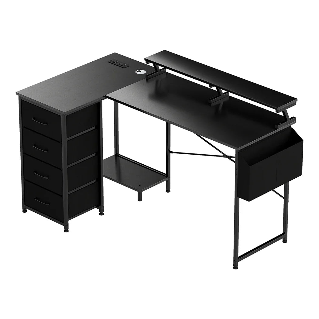Levede L Shaped Gaming Desk with Storage Drawers Black-2050056895582048256
