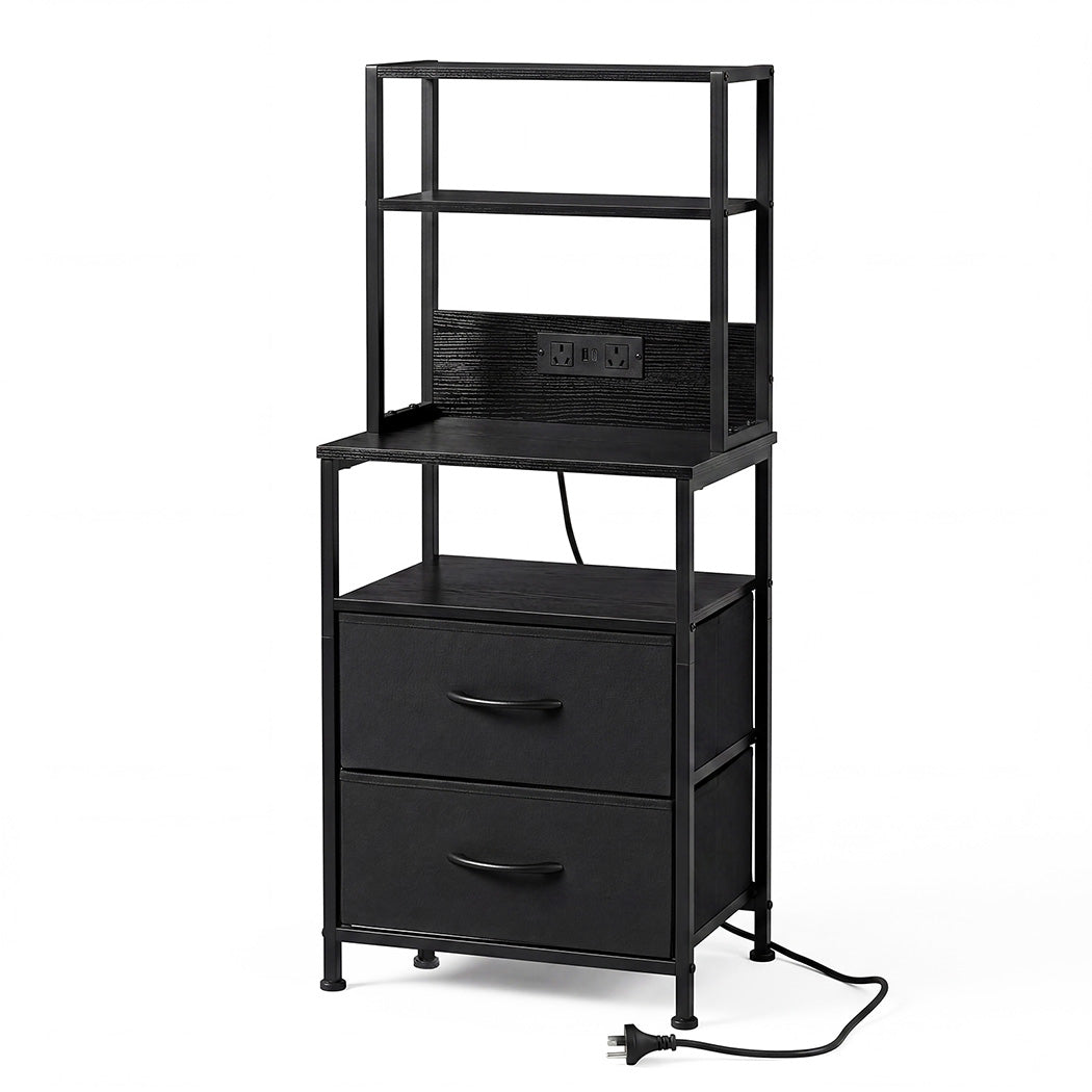 Levede Bedside Table with Charging Station LED Lights Black-2100034980859219968