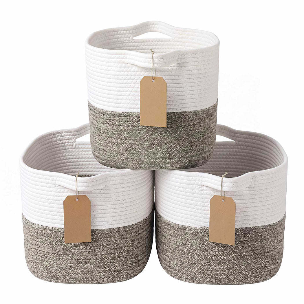 Levede Storage Baskets Laundry Bins 3Pcs Foldable with Handles Cotton Rope Brown-2100035024383512577