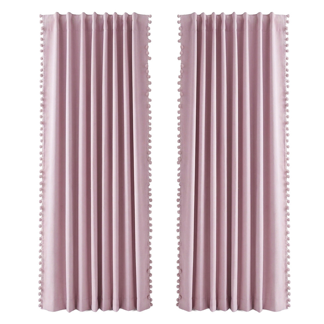 Marlow Blackout Curtains Pink 2 Panels Thermal Insulated Pom Pom 132cm x 160cm-2072893563976421377
