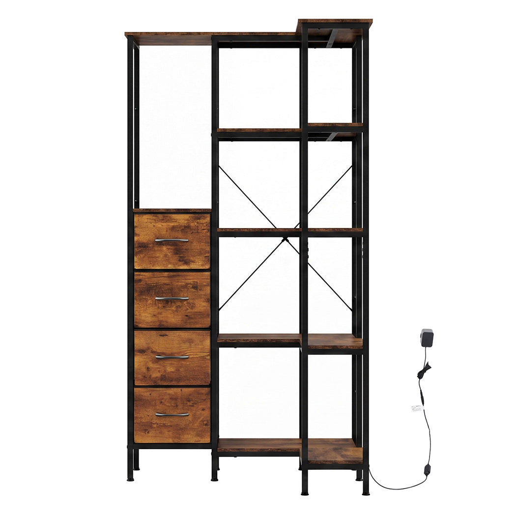 Levede Corner Bookshelf with 4 Fabric Drawers & LED Light 5 Tier Bedroom Rustic-2109799588741976066