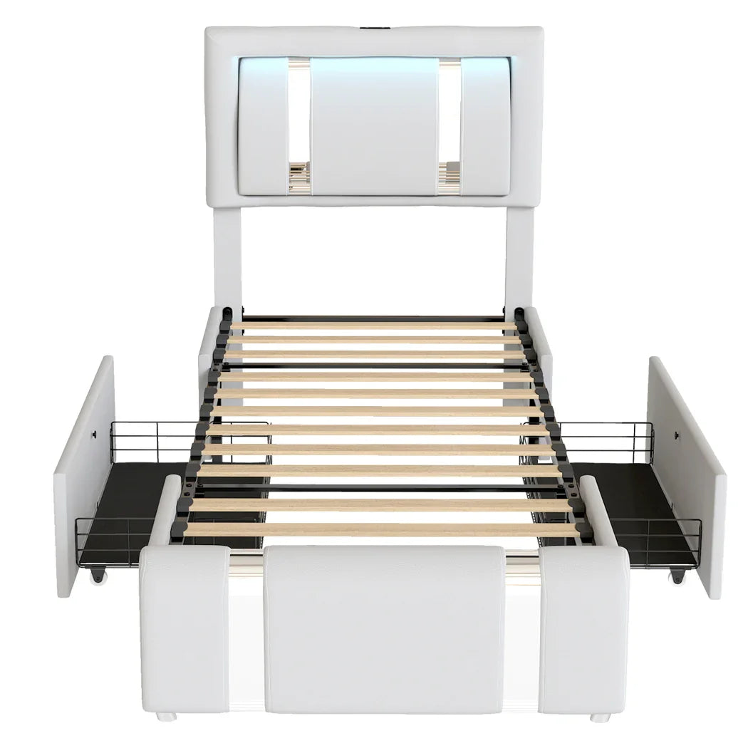 Levede Single Bed Frame Leather Headboard RGB 2 Drawers-2050056740216639489