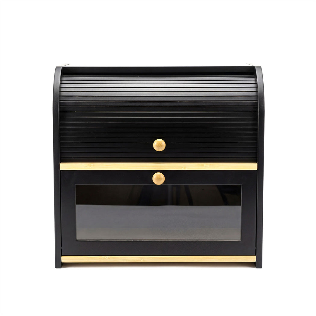 Toque Bread Bin Box 2 Tier Roll Top Bread Bin Kitchen Counter Storage Bamboo-2072893581600886785