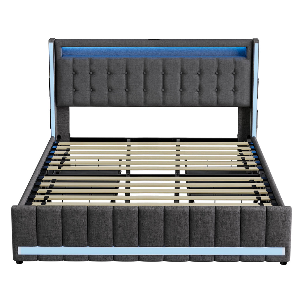 Levede King Bed Frame Fabric Storage Drawer LED USB-2029387305961263105