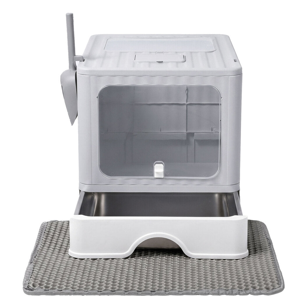 PaWz Cat Litter Box Stainless Steel Enclosed Drawer Odor Control Foldable Grey-2100034991202373633