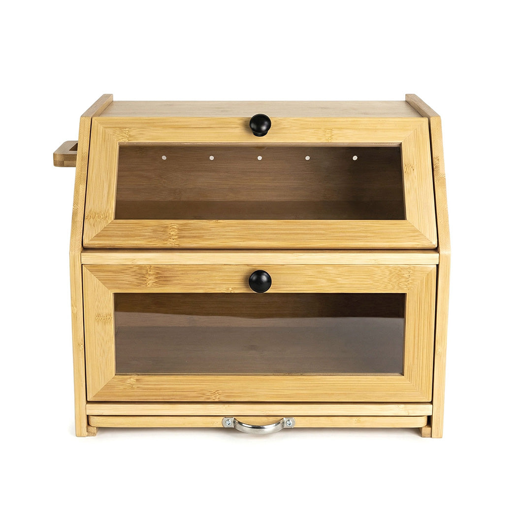 Toque Bread Box Bread Bin Double Layer Bamboo Bread Storage with Window Natural-2072893581403754497