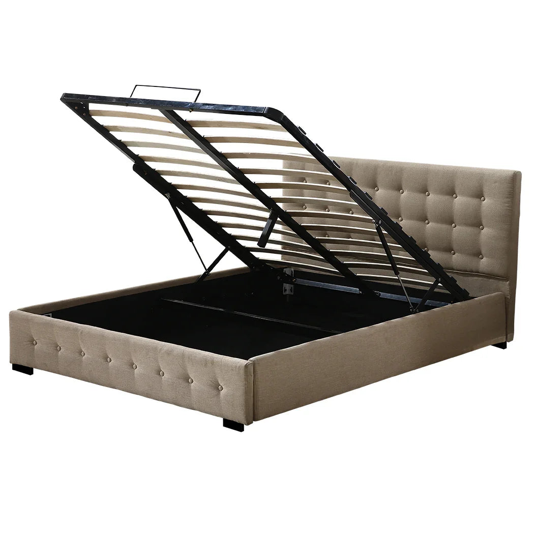 Levede Fabric Bed Frame Double Gas Lift Double Beige-2006733222205067265