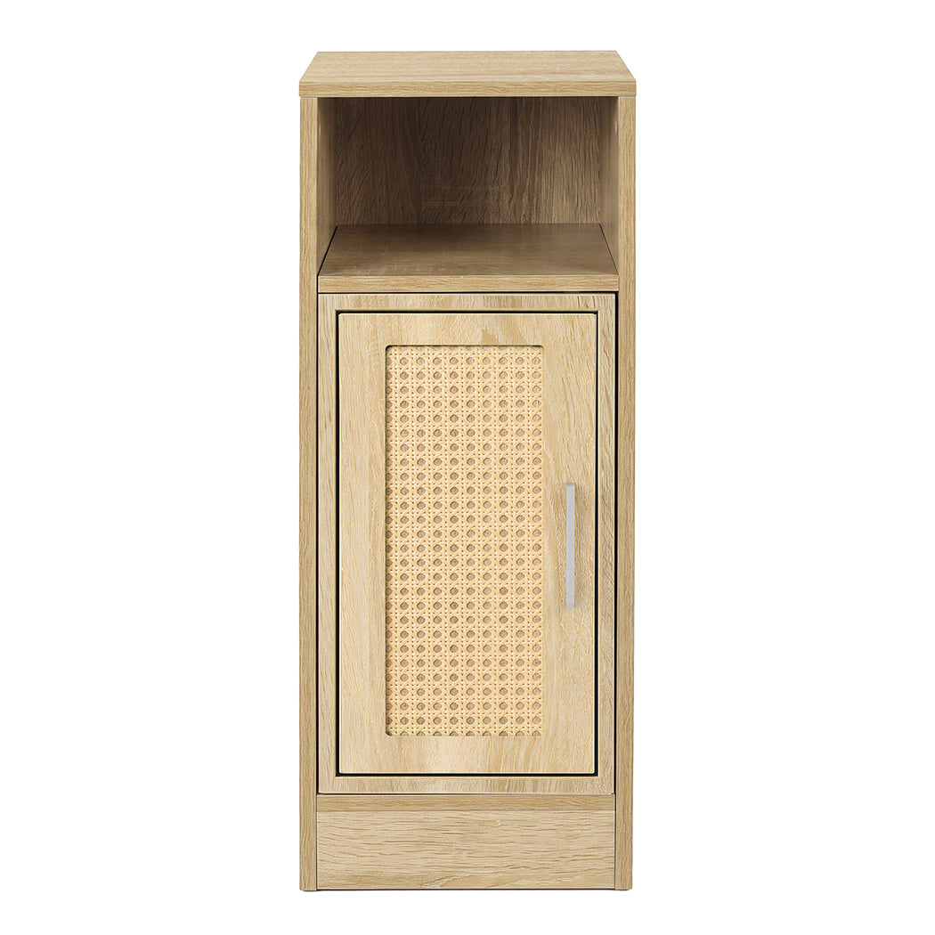 Levede Narrow Bedside Table 2 Pcs with Storage Boho Rattan Wood-2100034981215735809