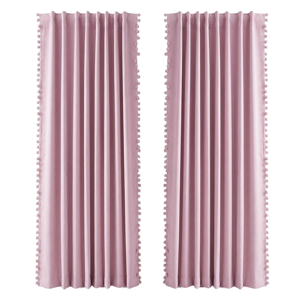 Marlow Blackout Curtains Pink 2 Panels Thermal Insulated Pom Pom 132cm x 213cm-2072893564165165057