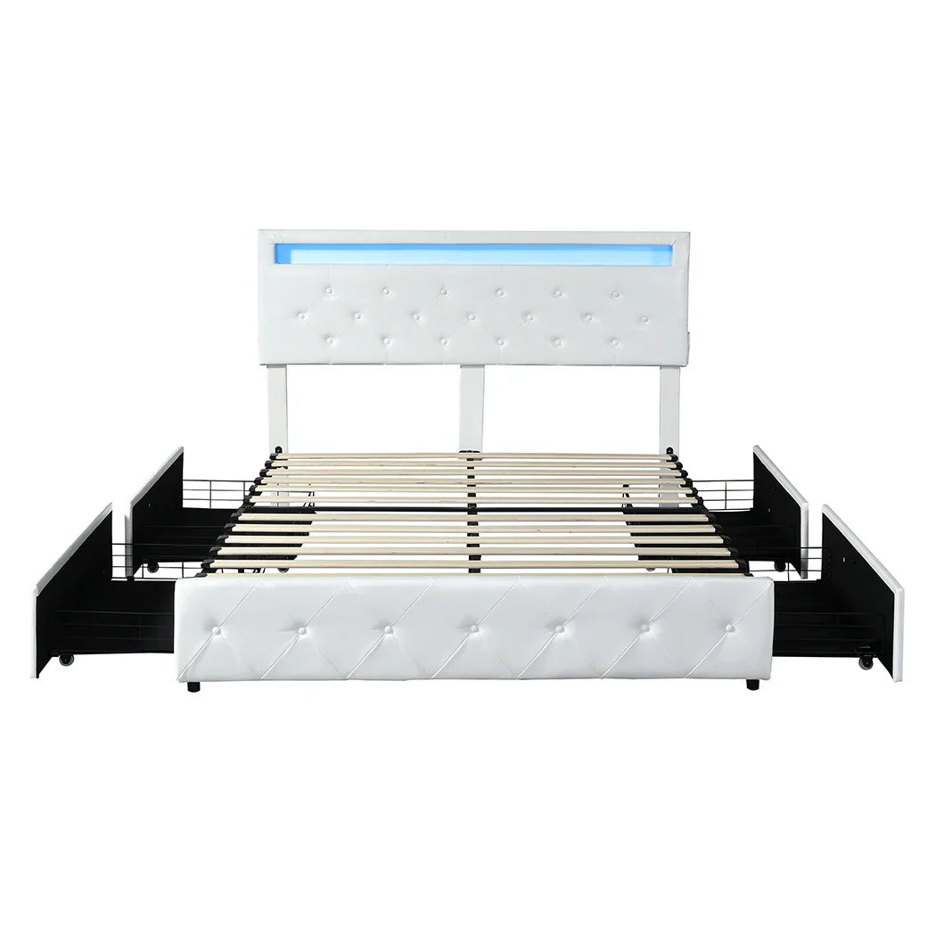 Levede Double Bed Frame RGB LED PU 4 Drawer USB-2006732834257113089