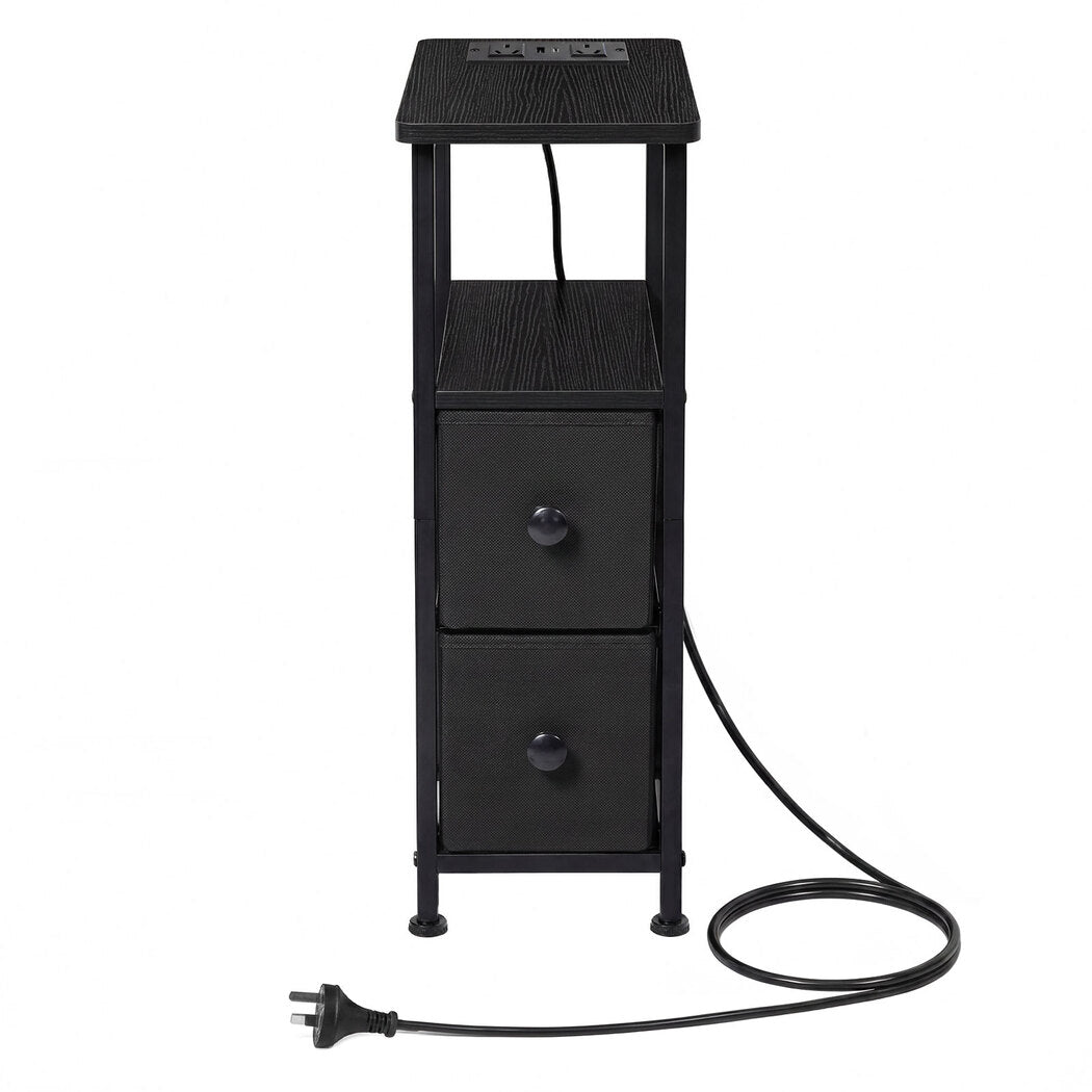 Levede Bedside Table Narrow Side Table with LED Charging Station Black-2100034980301377537