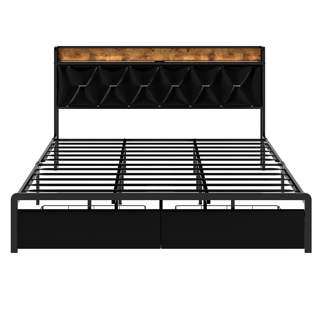 Levede King Bed Frame Leather Headboard RGB 2 Drawers-2050056739612659713
