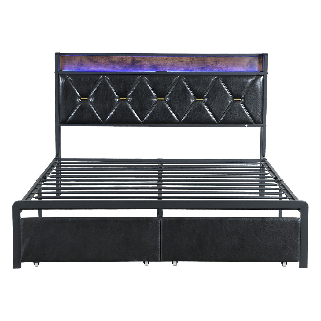 Levede Queen Metal Bed Frame LED Lights 2 Drawers