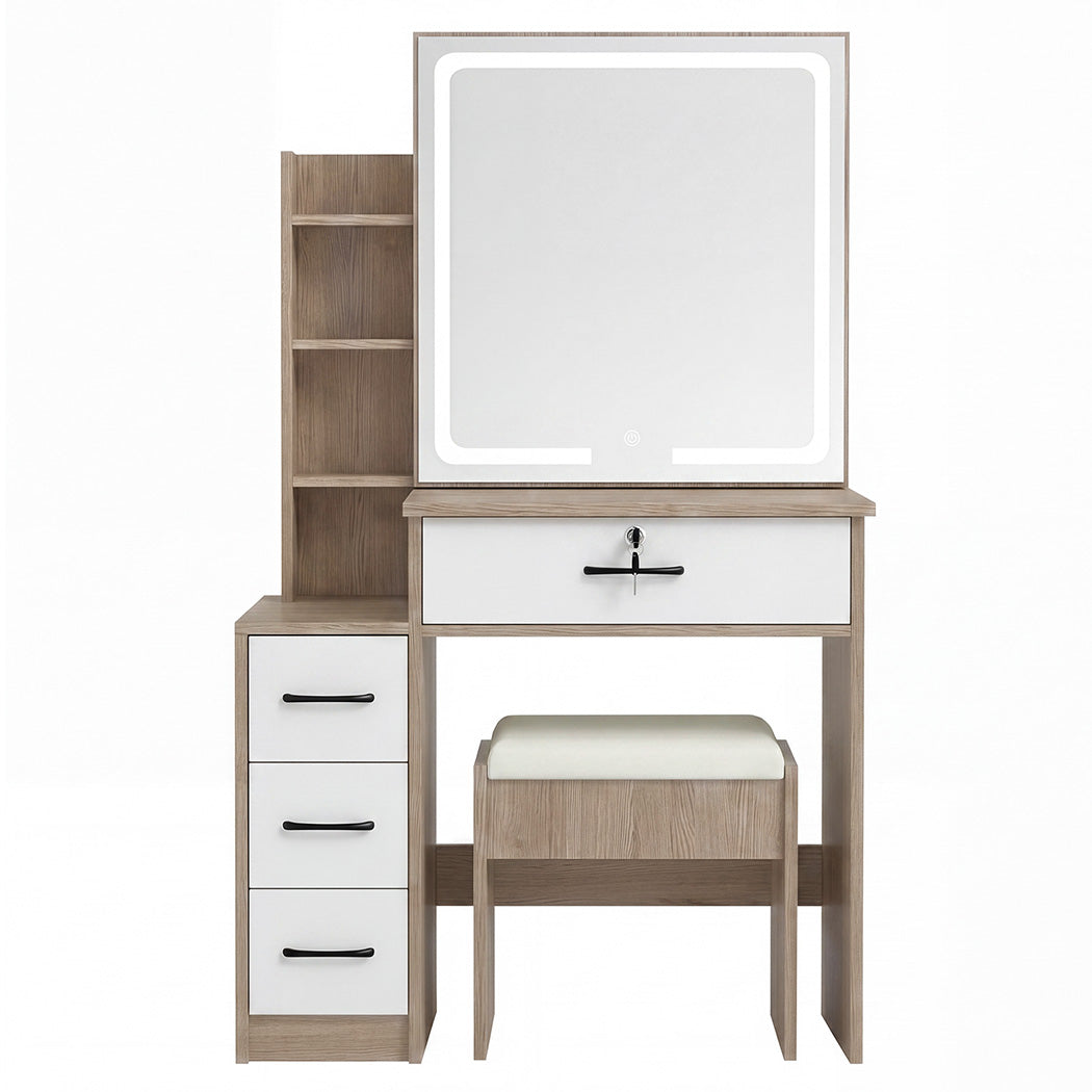Levede Dressing Table Vanity Stool Set Sliding LED Mirror Makeup Storage Shelves Natural-2072893560272850945