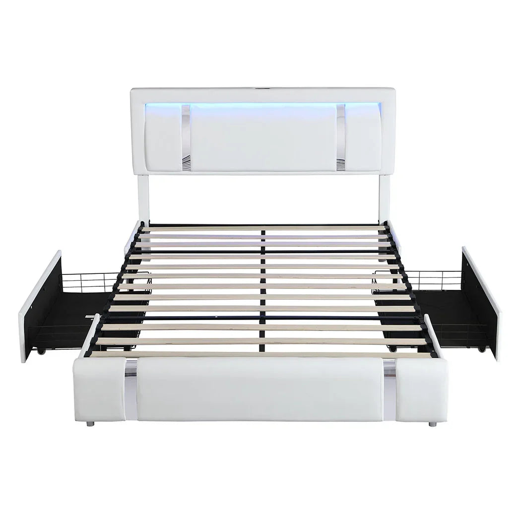 Levede King Bed Frame Leather Headboard RGB 2 Drawers-2050056740011118593