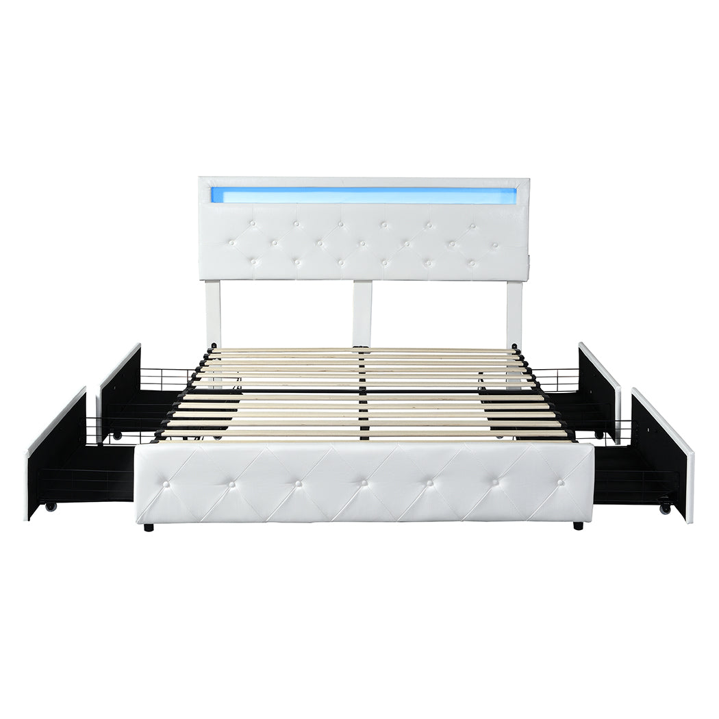 Levede Queen Bed Frame RGB LED PU 4 Drawer USB-1864183199916232705