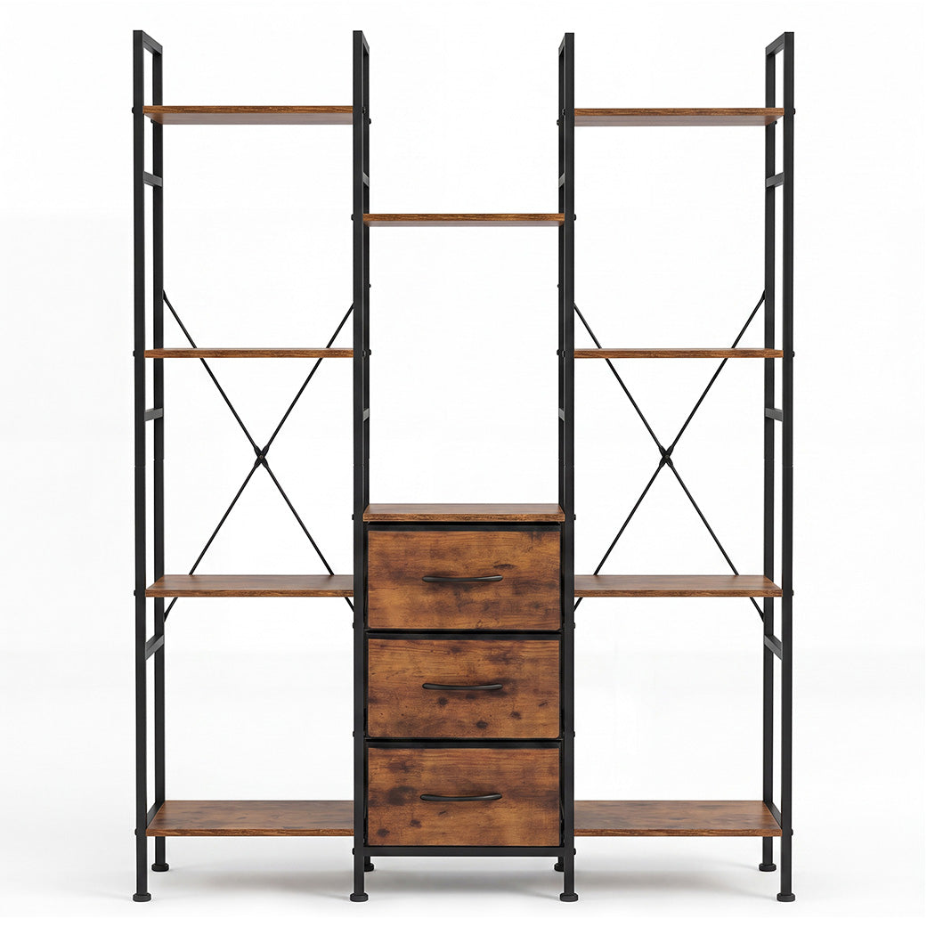 Levede Bookshelf 10 Open Cubes 3 Fabric Drawers Wood Black-2100034939570491393