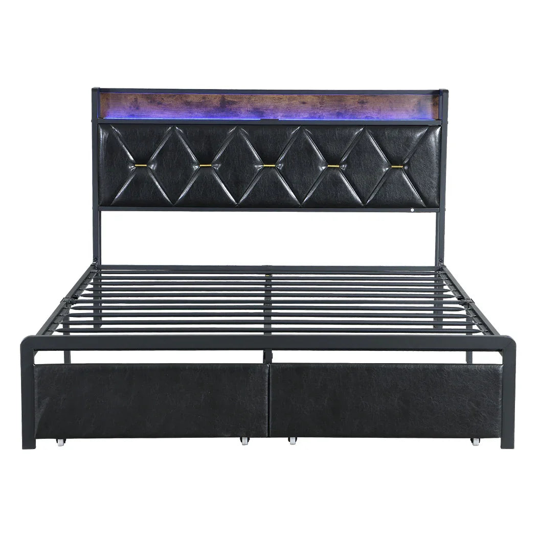 Levede Double Metal Bed Frame LED Lights 2 Drawers-2018816909578997761