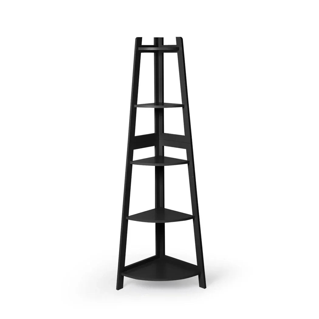 Levede 5 Tier Corner Shelf Wooden Storage Black-2006733234070753281
