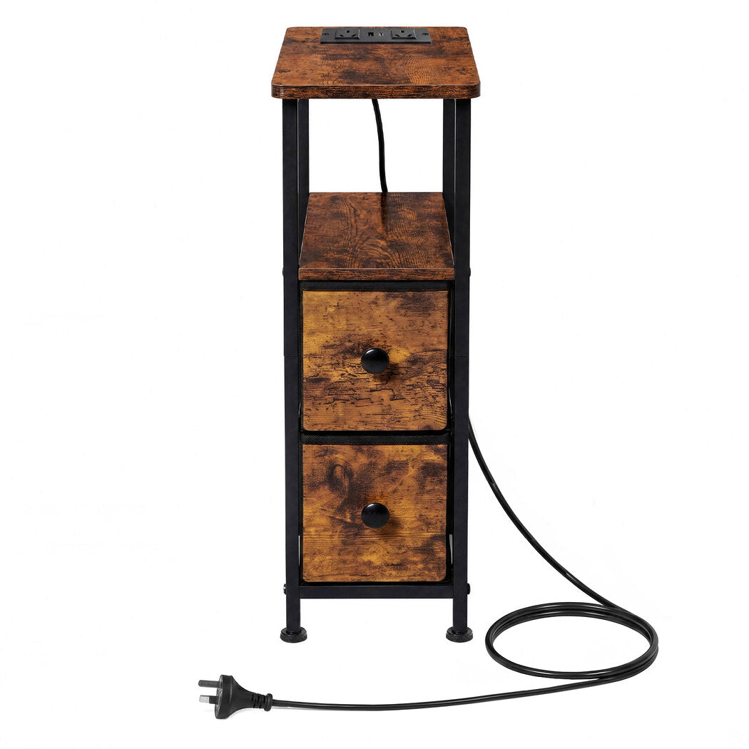 Levede Bedside Table Narrow Side Table with LED Charging Station Brown-2100034980666281985