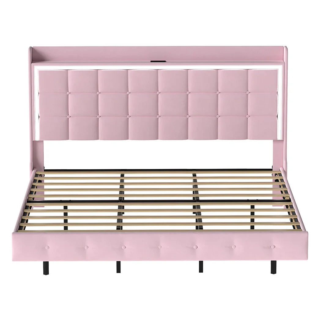 Levede King Floating Bed Frame LED Headboard USB Pink-2050056739193229313