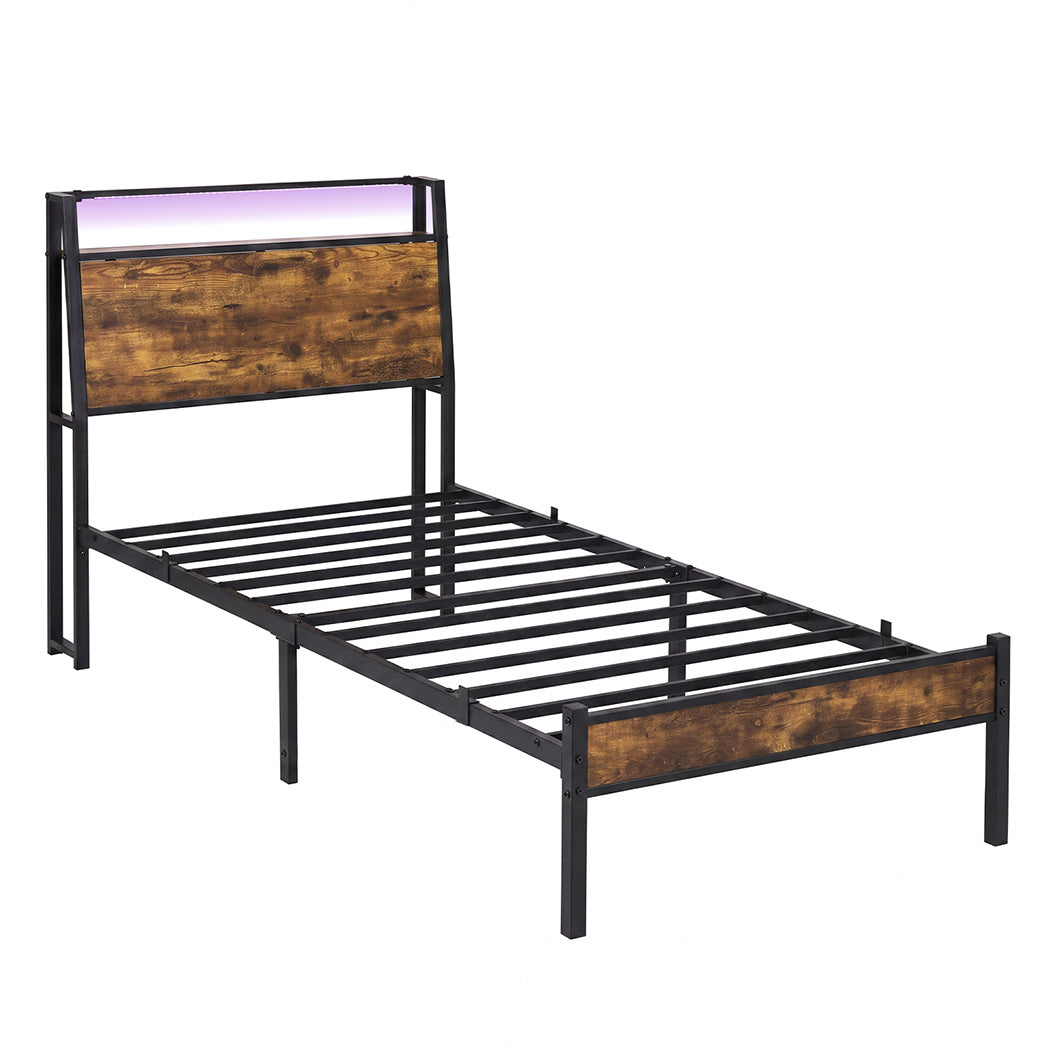 Levede Single Bed Frame LED Lights USB Charging Storage Headboard Metal Platform-2072893552618246145
