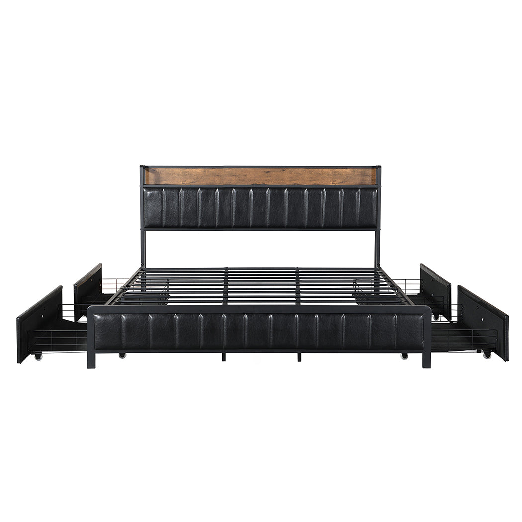 Levede King Bed Frame PU Mattress Base Storage Drawer Headboard USB Charge-2100034936097607681